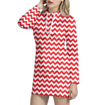 Red And White Chevron Pattern Print Hoodie Dress