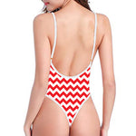 Red And White Chevron Pattern Print One Piece High Cut Swimsuit