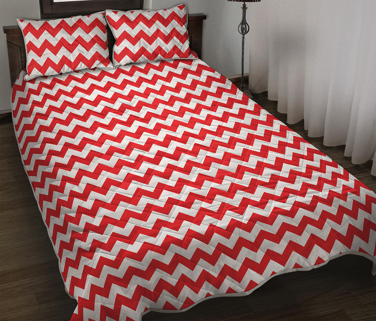 Red And White Chevron Pattern Print Quilt Bed Set