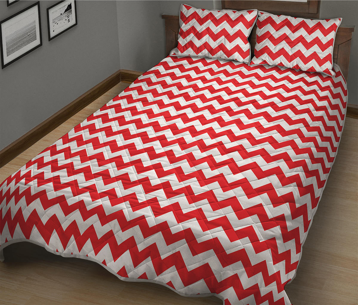 Red And White Chevron Pattern Print Quilt Bed Set