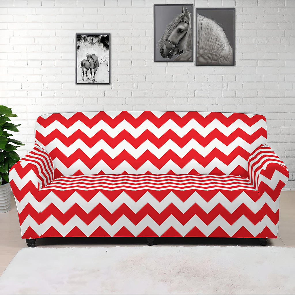 Red And White Chevron Pattern Print Sofa Cover