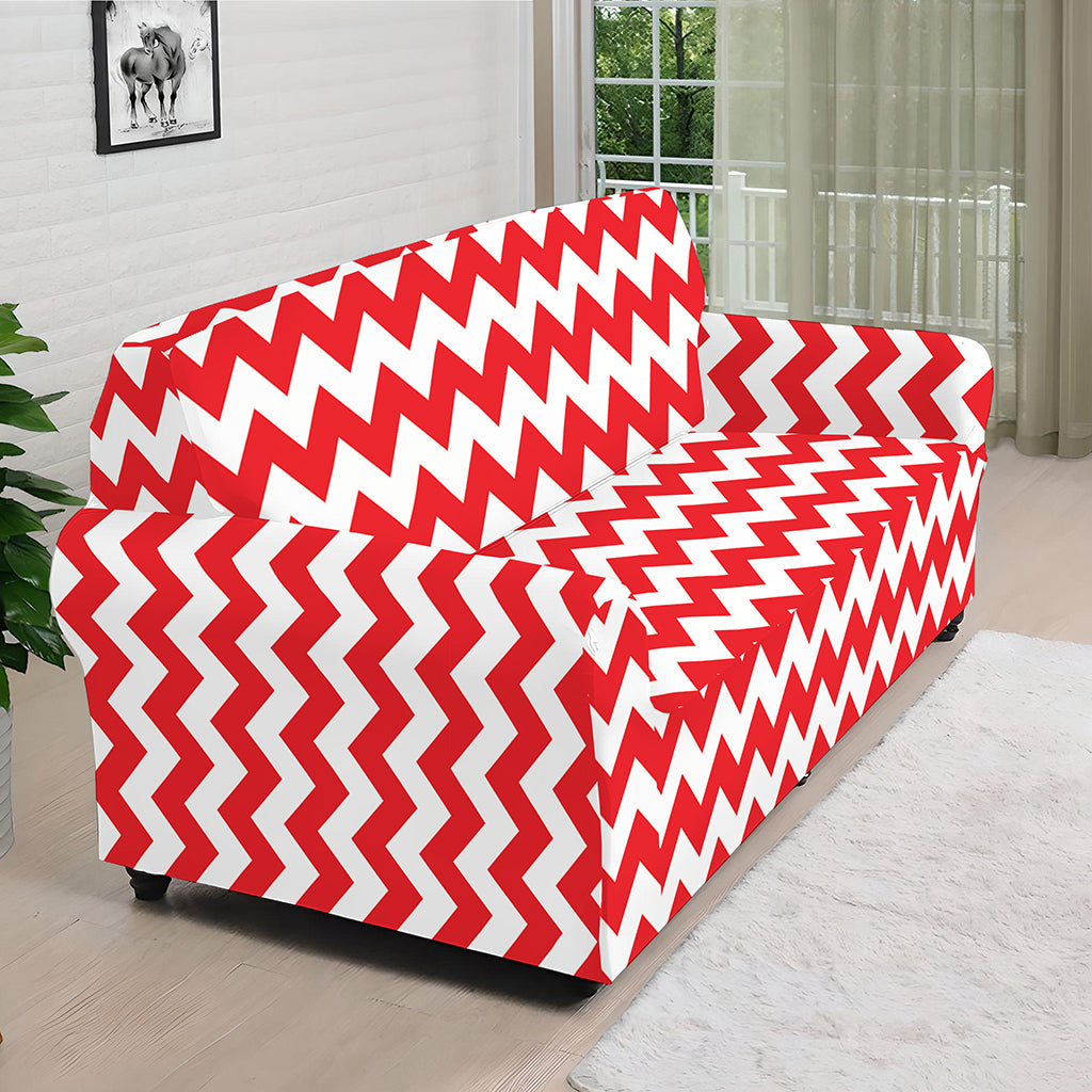 Red And White Chevron Pattern Print Sofa Cover