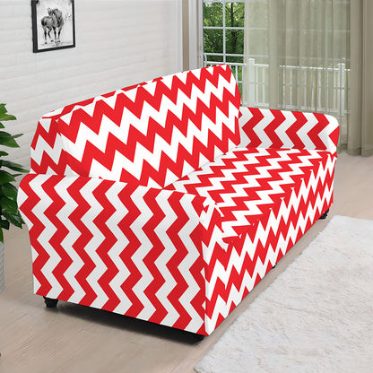 Red And White Chevron Pattern Print Sofa Cover