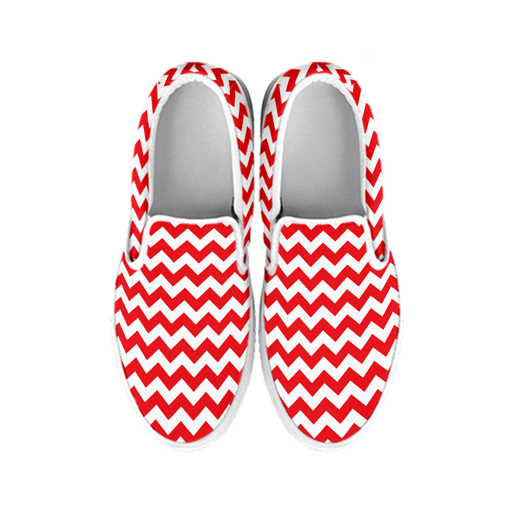 Red And White Chevron Pattern Print White Slip On Shoes