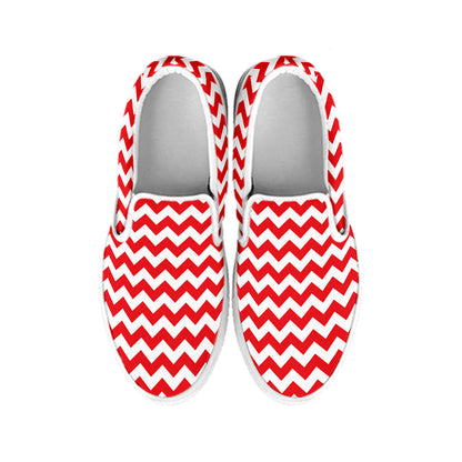 Red And White Chevron Pattern Print White Slip On Shoes