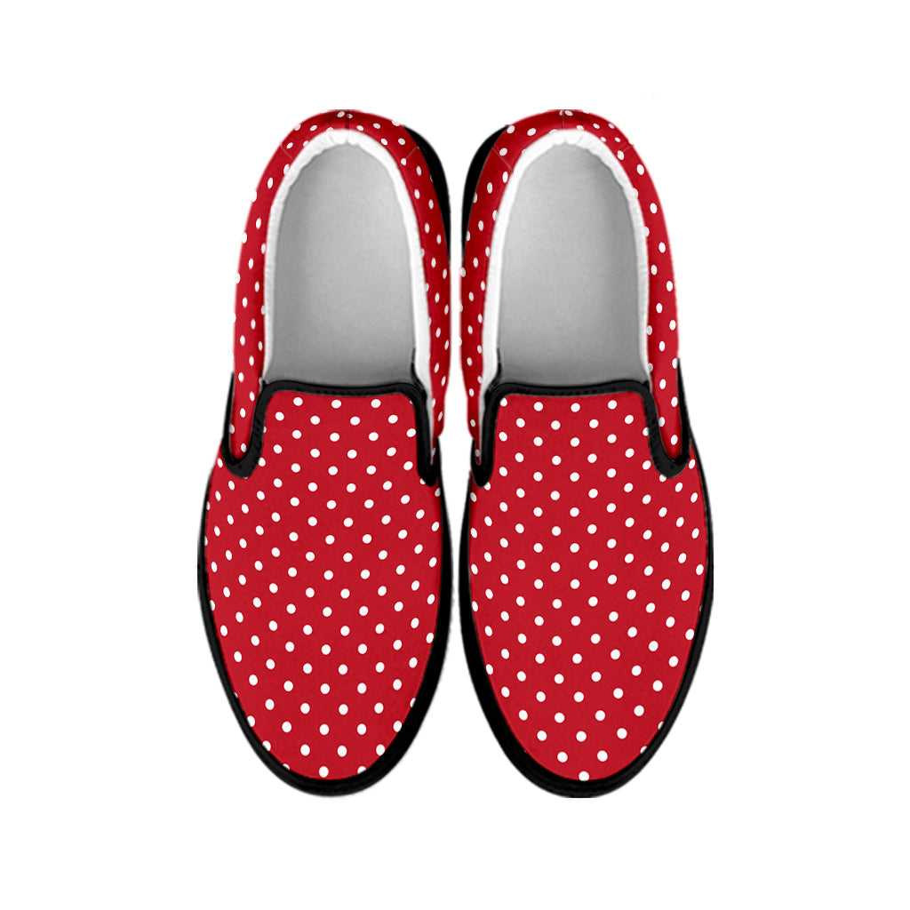 Red And White Christmas Dots Print Black Slip On Shoes