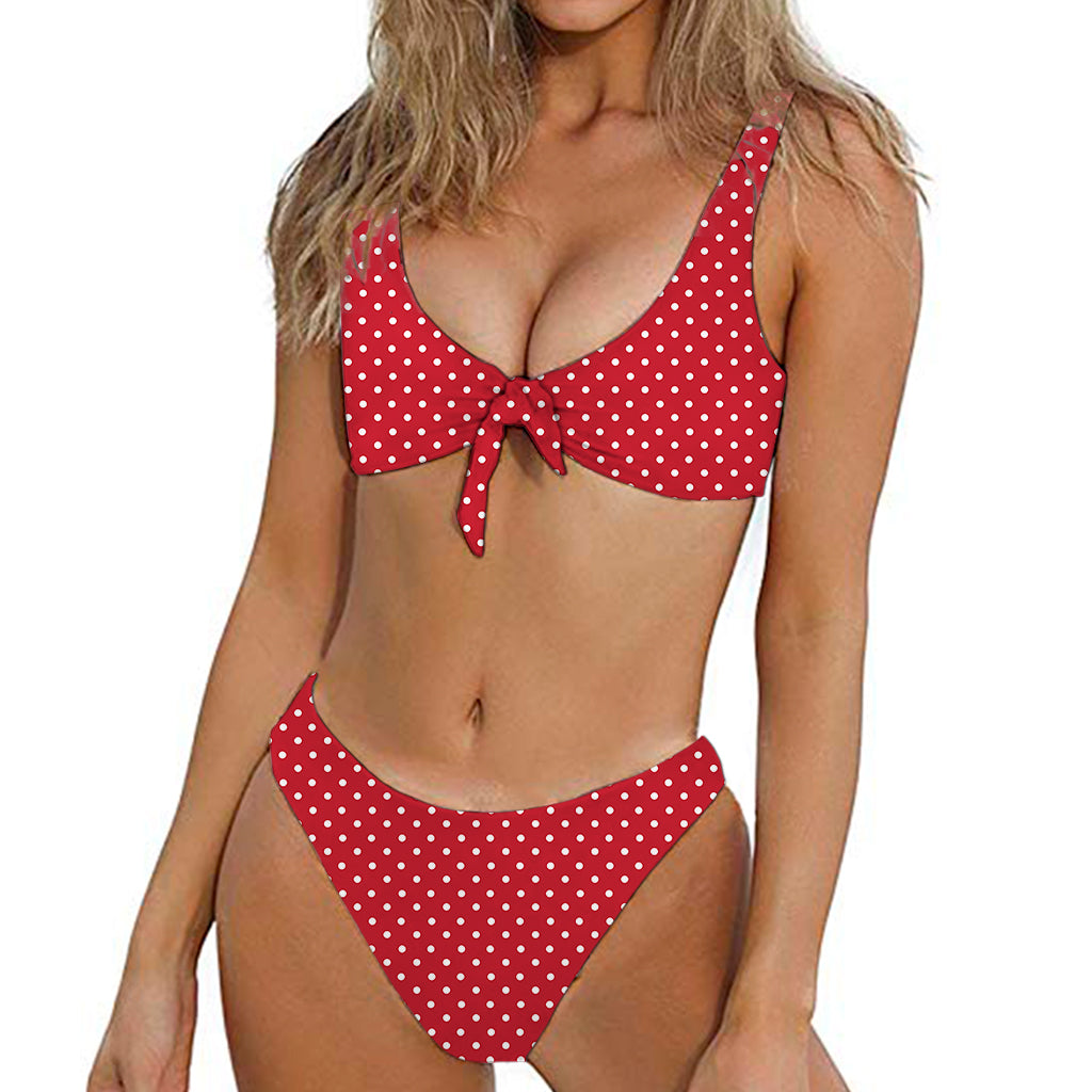 Red And White Christmas Dots Print Front Bow Tie Bikini