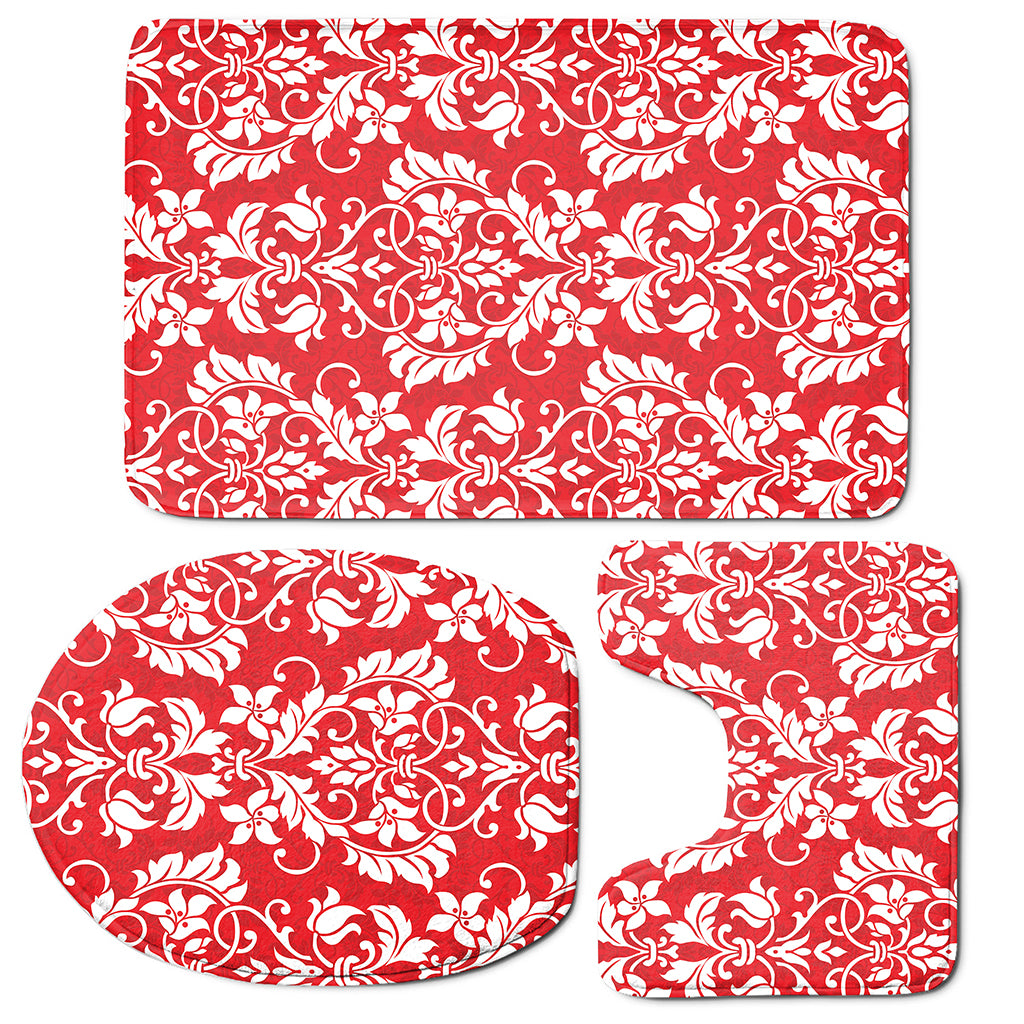 Red And White Damask Pattern Print 3 Piece Bath Mat Set