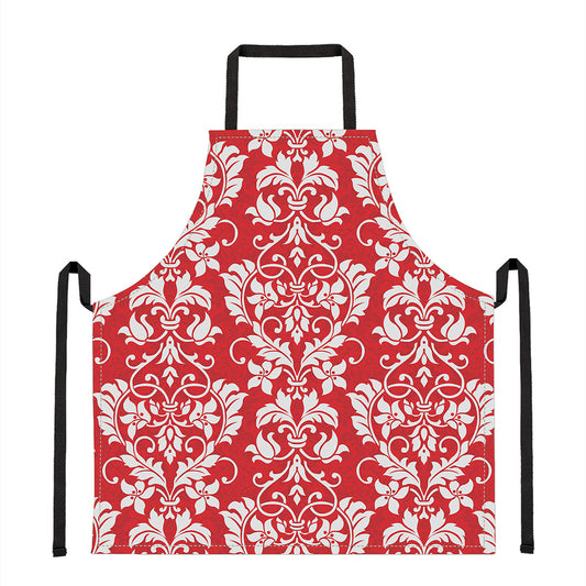 Red And White Damask Pattern Print Apron