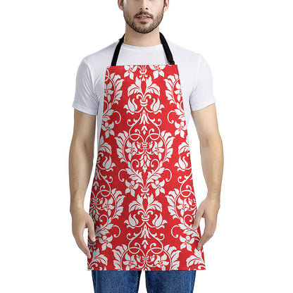 Red And White Damask Pattern Print Apron