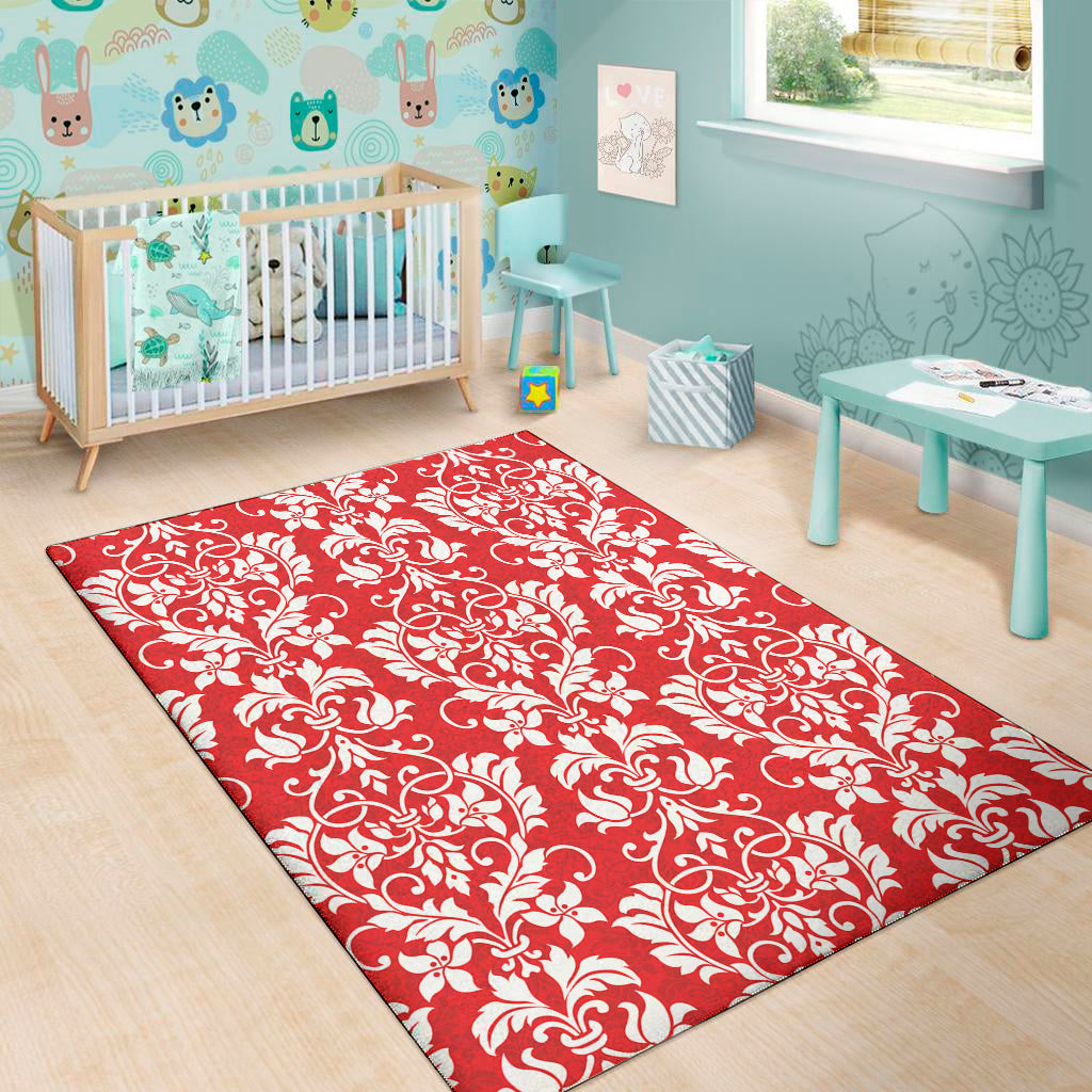 Red And White Damask Pattern Print Area Rug