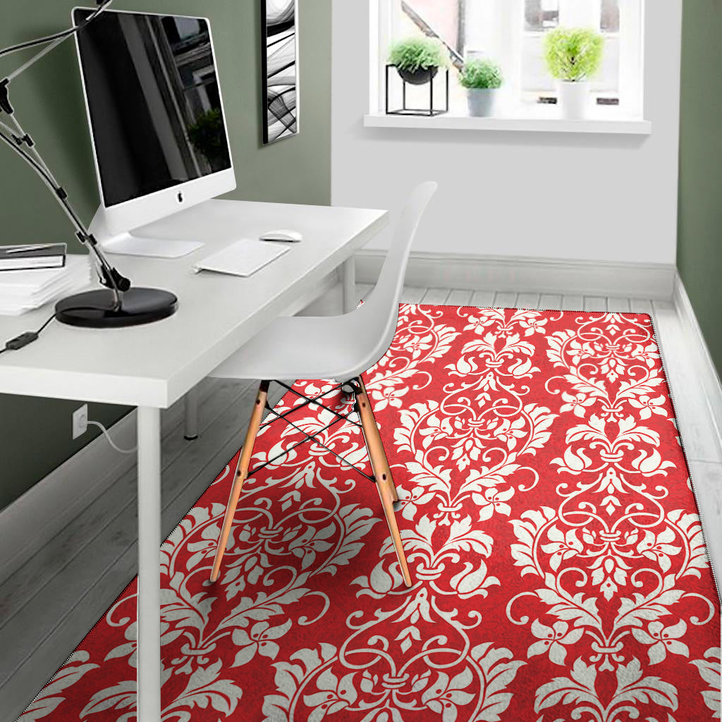 Red And White Damask Pattern Print Area Rug