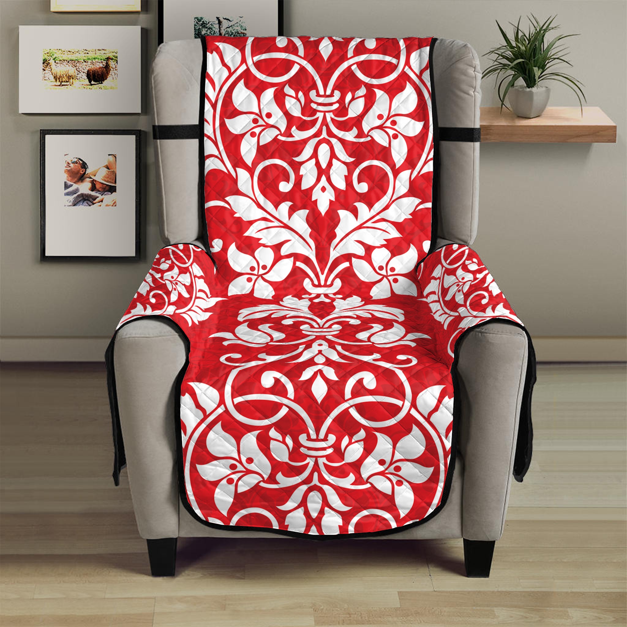 Red And White Damask Pattern Print Armchair Protector