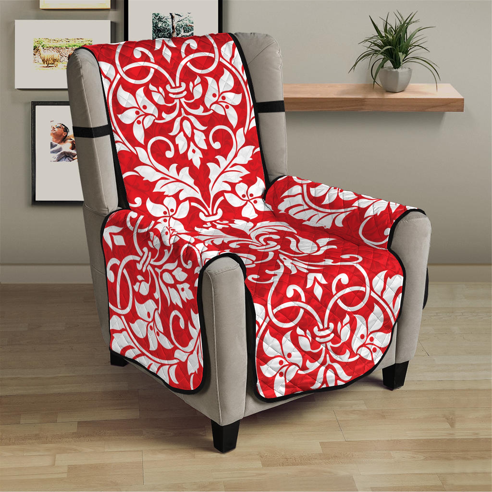 Red And White Damask Pattern Print Armchair Protector