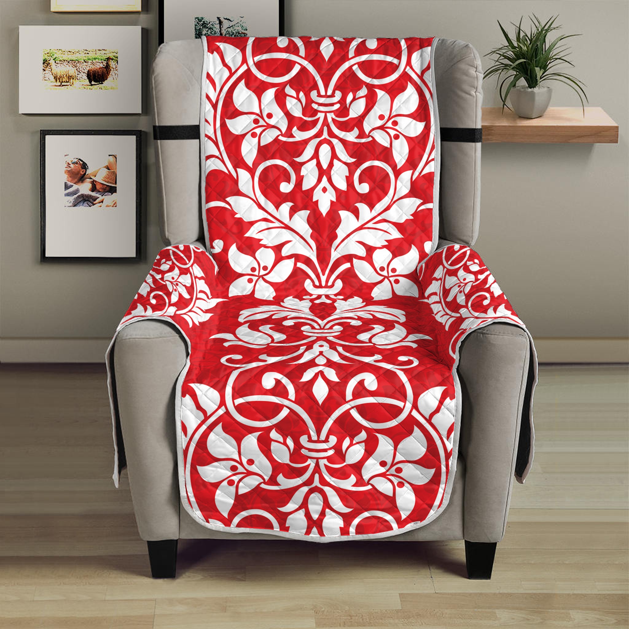 Red And White Damask Pattern Print Armchair Protector