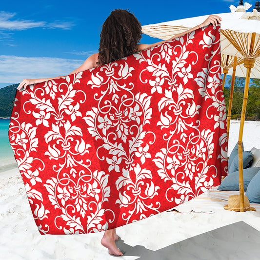 Red And White Damask Pattern Print Beach Sarong Wrap