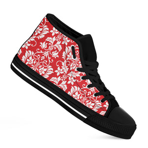 Red And White Damask Pattern Print Black High Top Shoes