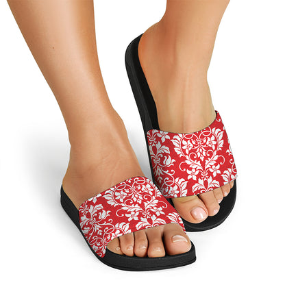 Red And White Damask Pattern Print Black Slide Sandals
