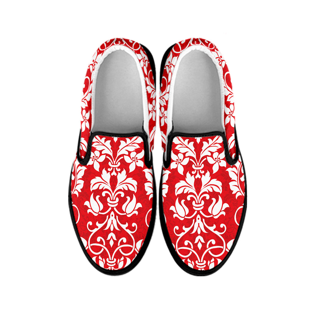 Red And White Damask Pattern Print Black Slip On Shoes