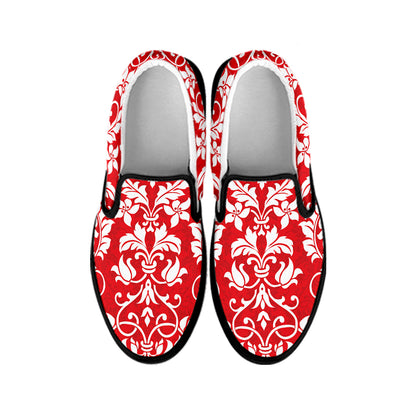 Red And White Damask Pattern Print Black Slip On Shoes