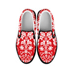 Red And White Damask Pattern Print Black Slip On Shoes