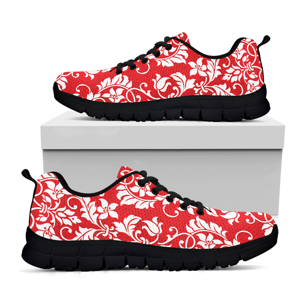 Red And White Damask Pattern Print Black Sneakers