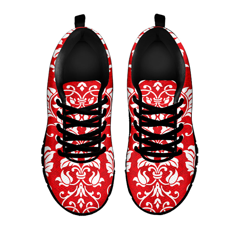 Red And White Damask Pattern Print Black Sneakers
