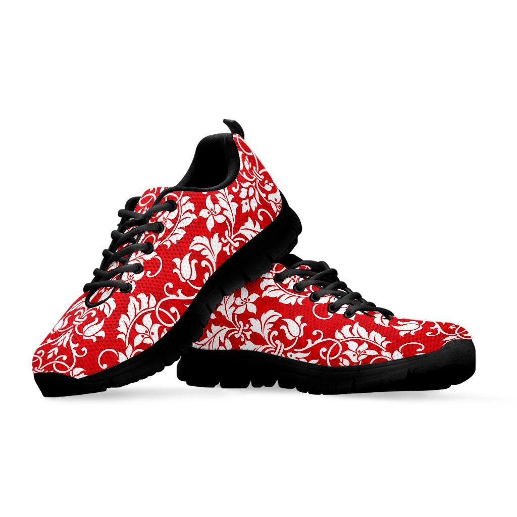 Red And White Damask Pattern Print Black Sneakers
