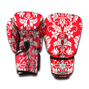 Red And White Damask Pattern Print Boxing Gloves