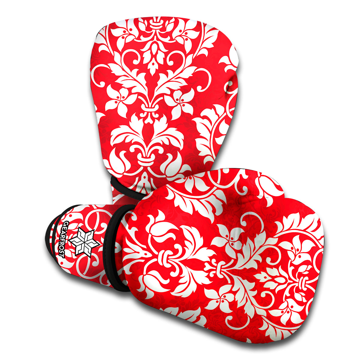 Red And White Damask Pattern Print Boxing Gloves