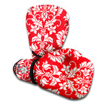 Red And White Damask Pattern Print Boxing Gloves