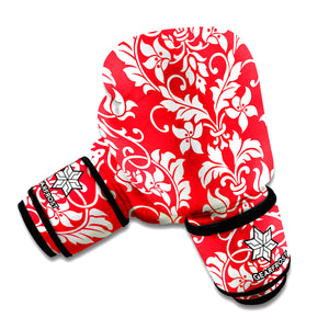 Red And White Damask Pattern Print Boxing Gloves