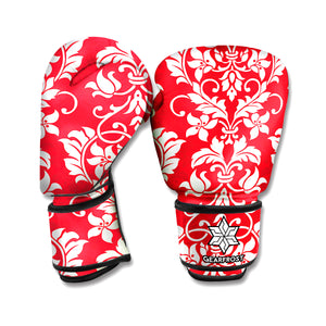 Red And White Damask Pattern Print Boxing Gloves