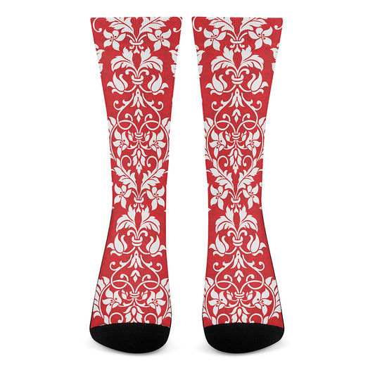 Red And White Damask Pattern Print Crew Socks
