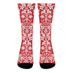 Red And White Damask Pattern Print Crew Socks