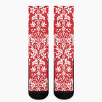 Red And White Damask Pattern Print Crew Socks