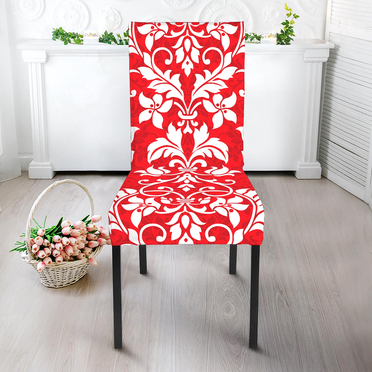 Red And White Damask Pattern Print Dining Chair Slipcover