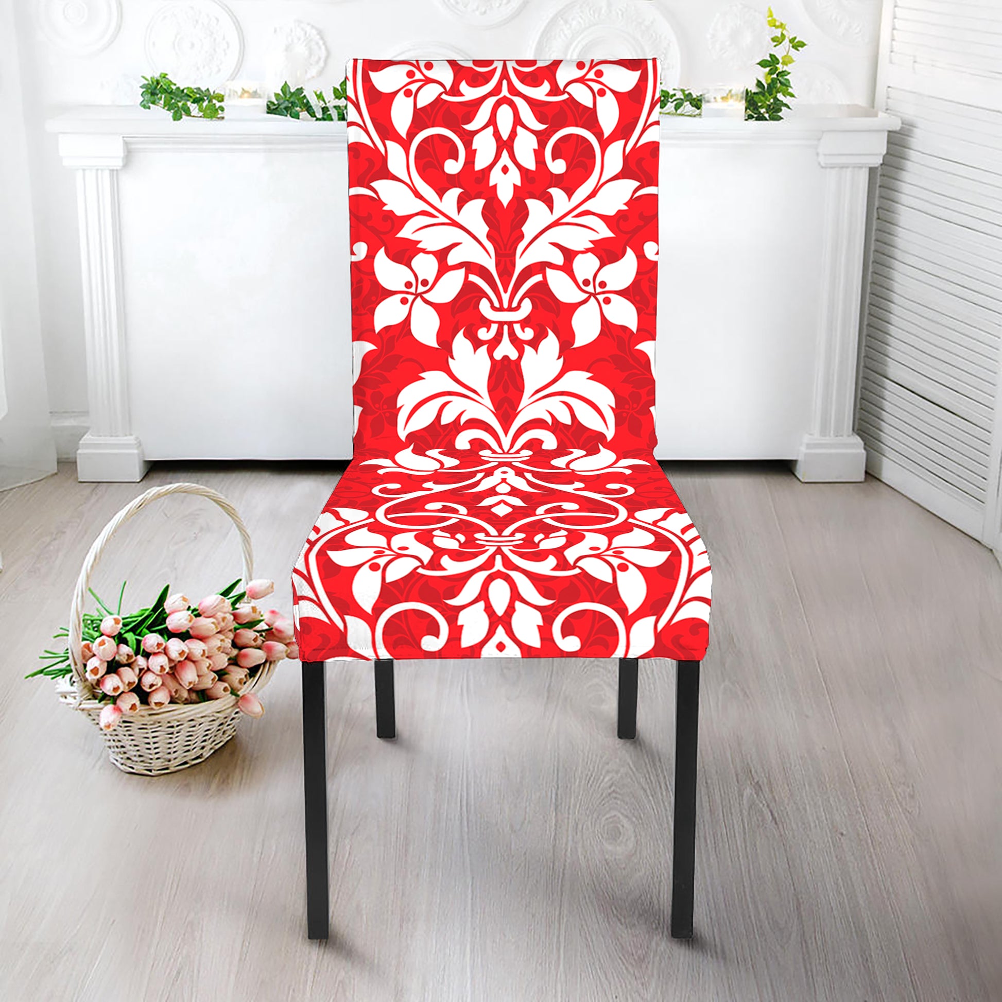 Red And White Damask Pattern Print Dining Chair Slipcover