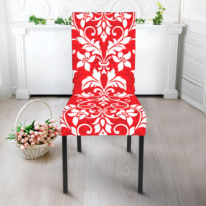 Red And White Damask Pattern Print Dining Chair Slipcover