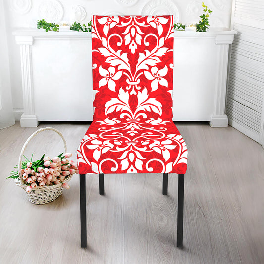 Red And White Damask Pattern Print Dining Chair Slipcover