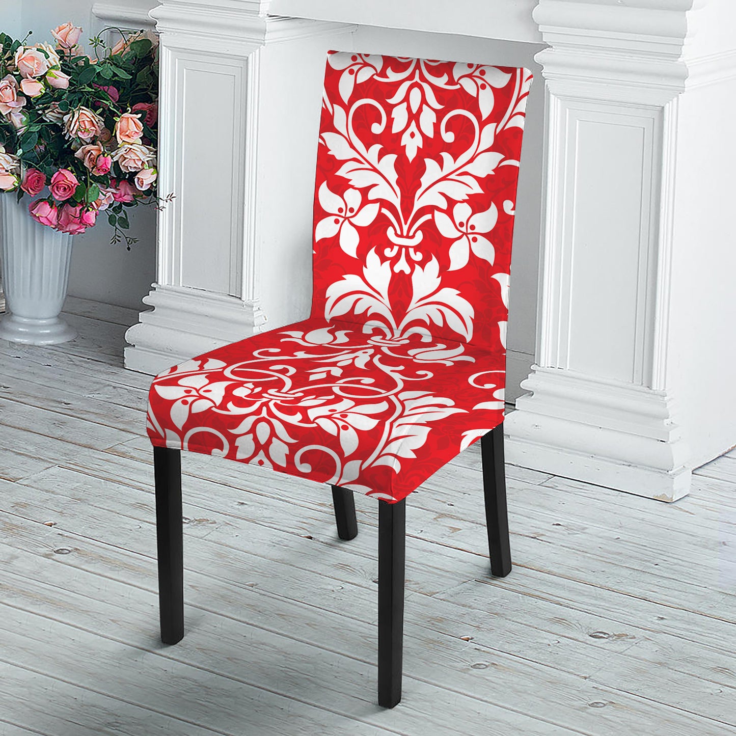 Red And White Damask Pattern Print Dining Chair Slipcover