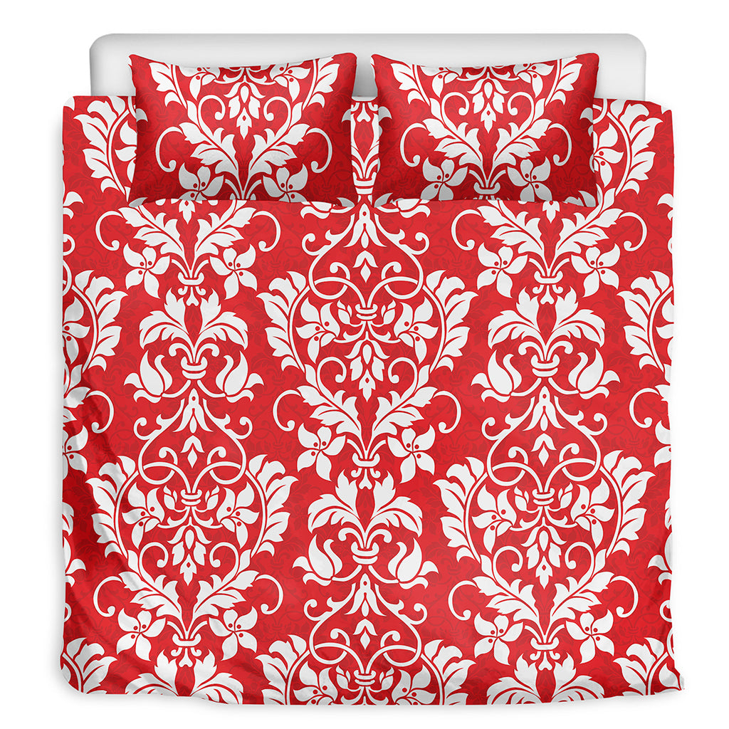 Red And White Damask Pattern Print Duvet Cover Bedding Set