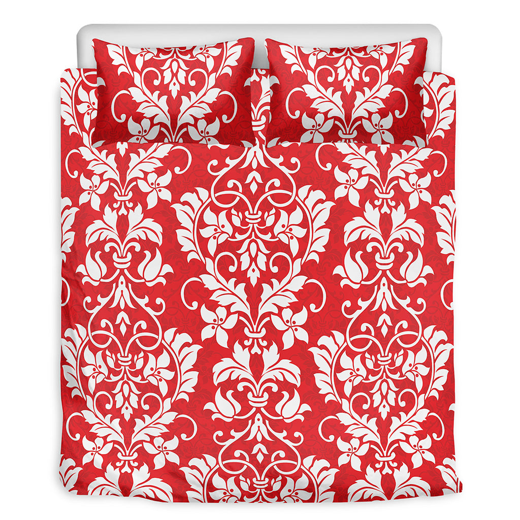 Red And White Damask Pattern Print Duvet Cover Bedding Set