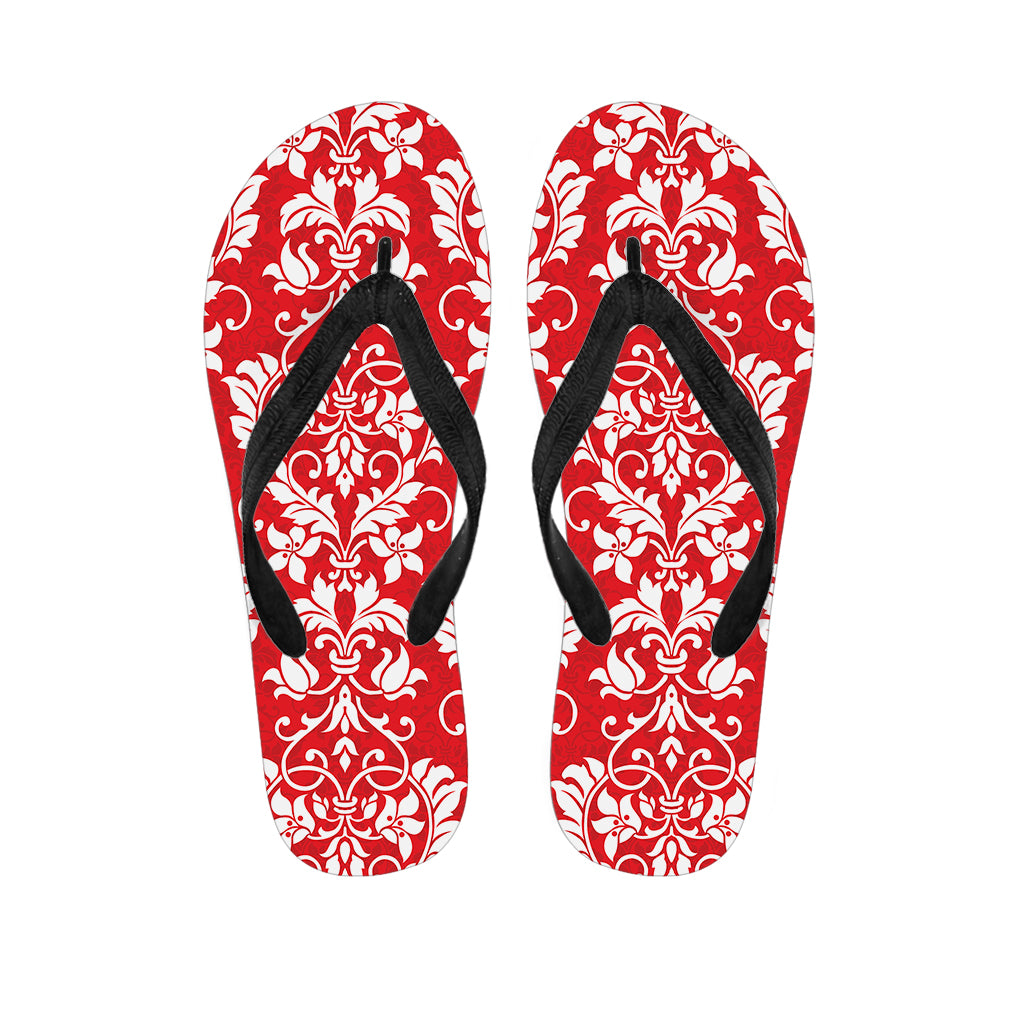 Red And White Damask Pattern Print Flip Flops