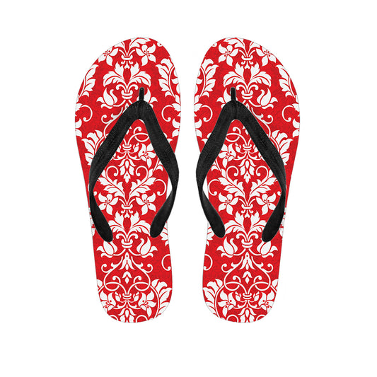 Red And White Damask Pattern Print Flip Flops