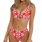 Red And White Damask Pattern Print Front Bow Tie Bikini