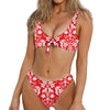 Red And White Damask Pattern Print Front Bow Tie Bikini