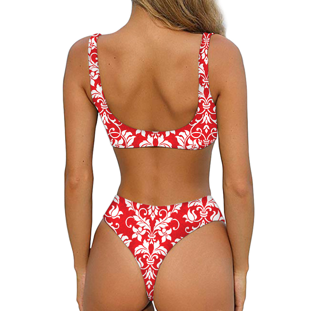 Red And White Damask Pattern Print Front Bow Tie Bikini