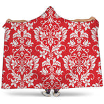 Red And White Damask Pattern Print Hooded Blanket