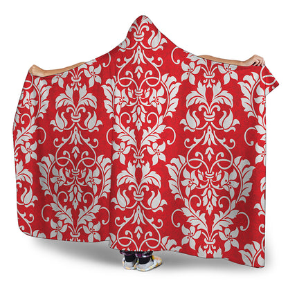 Red And White Damask Pattern Print Hooded Blanket